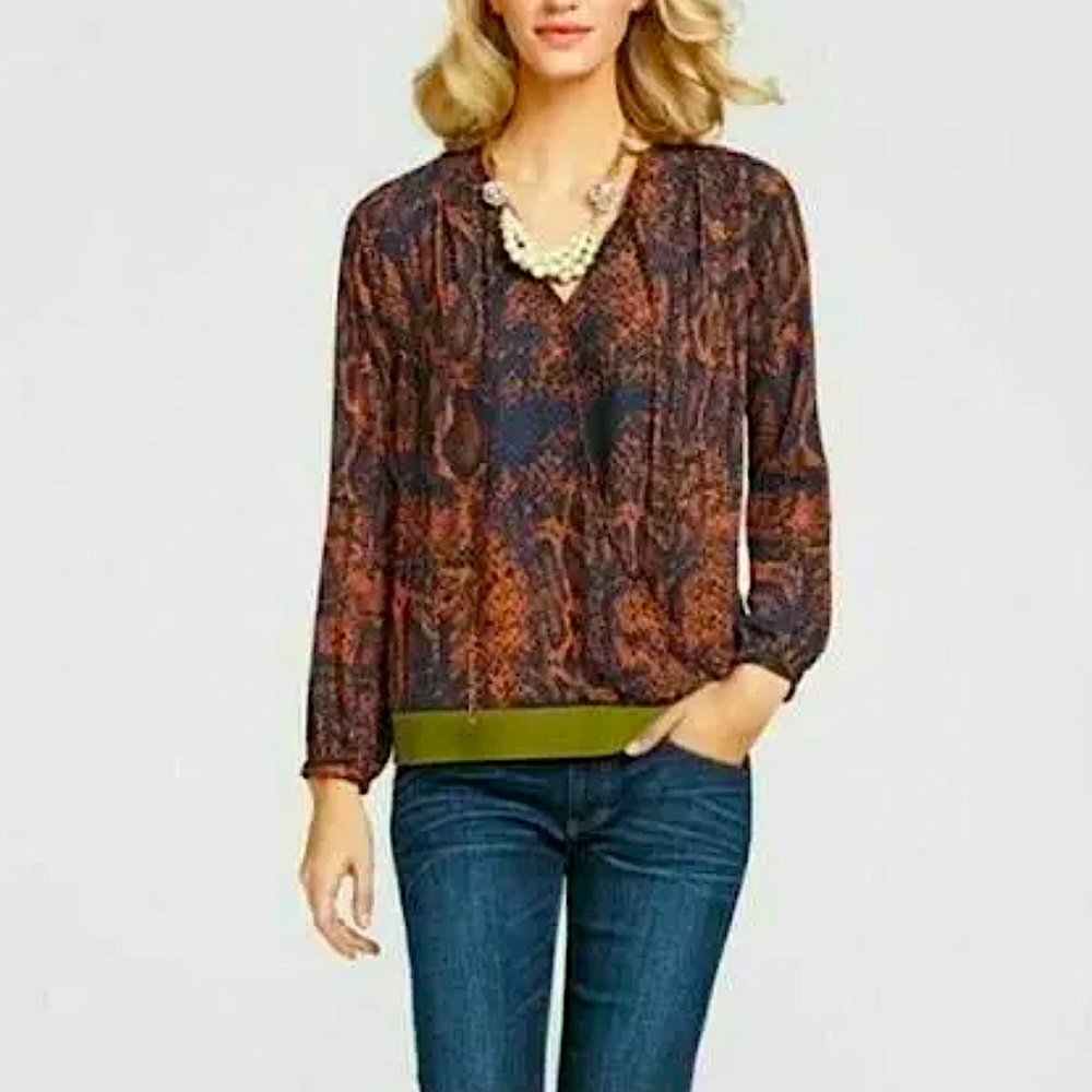 CAbi Border Wrap Blue & Orange Snake Print Tie Blouse Green Trim Size M
